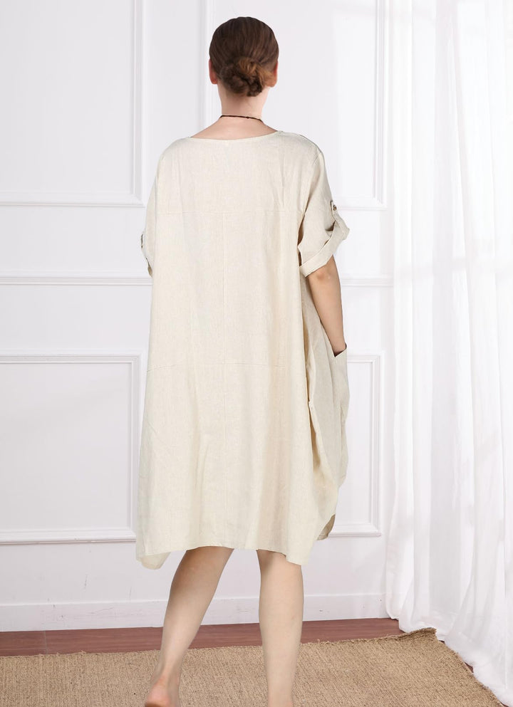 Wisteria Vestido Túnica Mujer – Lino Algodón, Mangas Cortas y Bolsillos Boho Oversize