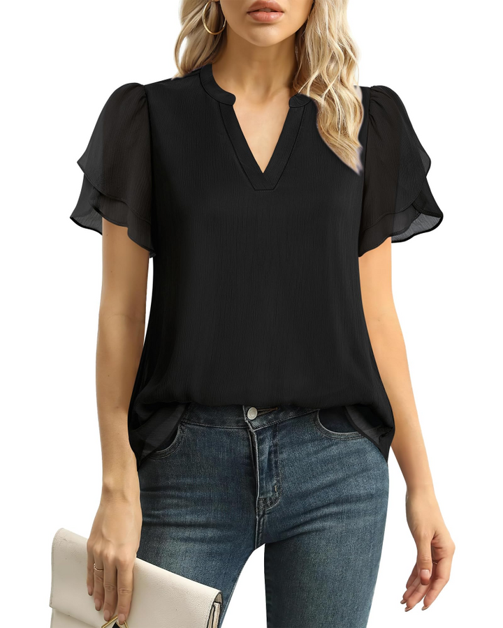 Beverly Elegant Women's Blouse – V-Neck, Petal Sleeves & Double-Layered Chiffon Top