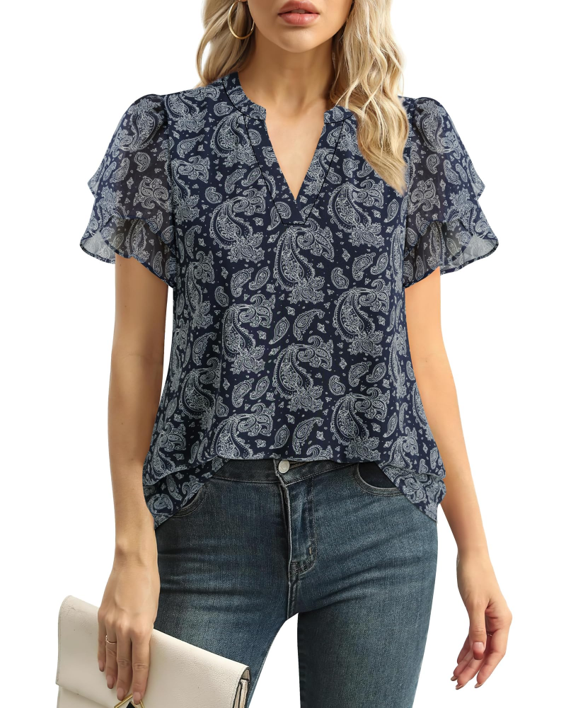Beverly Elegant Women's Blouse – V-Neck, Petal Sleeves & Double-Layered Chiffon Top
