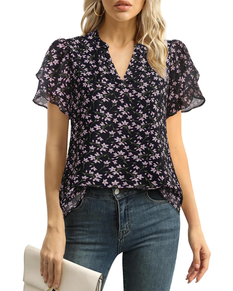 Beverly Elegant Women's Blouse – V-Neck, Petal Sleeves & Double-Layered Chiffon Top