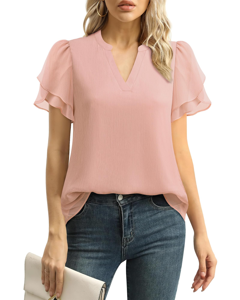 Beverly Elegant Women's Blouse – V-Neck, Petal Sleeves & Double-Layered Chiffon Top