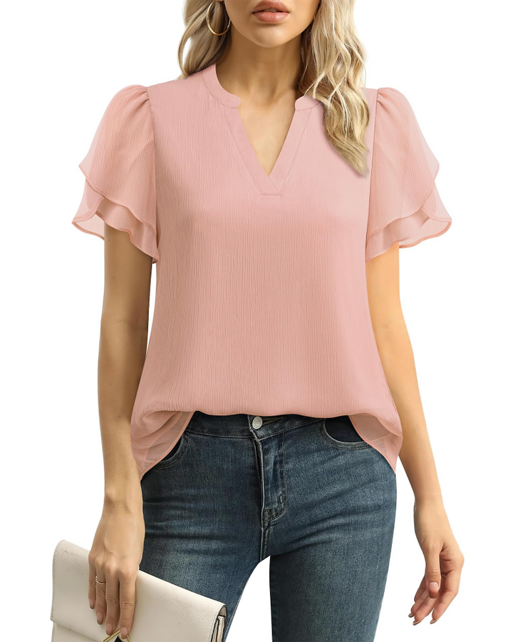 Beverly Elegant Women's Blouse – V-Neck, Petal Sleeves & Double-Layered Chiffon Top