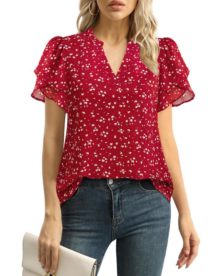 Beverly Elegant Women's Blouse – V-Neck, Petal Sleeves & Double-Layered Chiffon Top