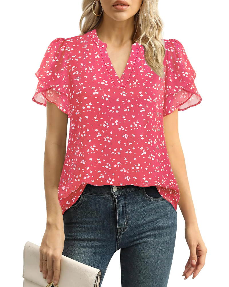 Beverly Elegant Women's Blouse – V-Neck, Petal Sleeves & Double-Layered Chiffon Top