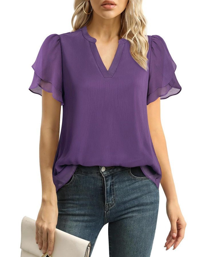 Beverly Elegant Women's Blouse – V-Neck, Petal Sleeves & Double-Layered Chiffon Top