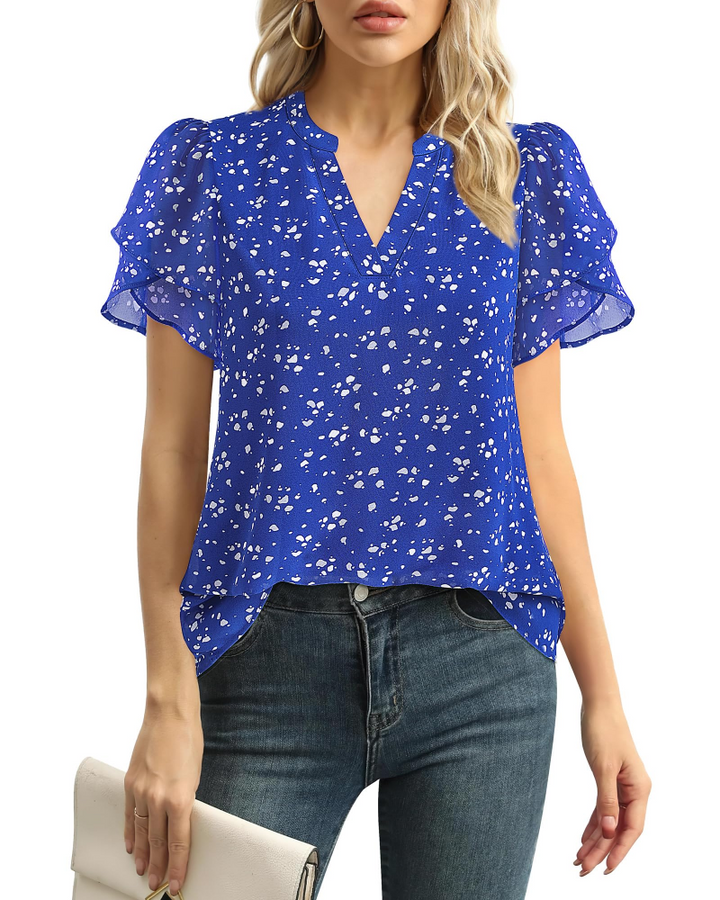 Beverly Elegant Women's Blouse – V-Neck, Petal Sleeves & Double-Layered Chiffon Top