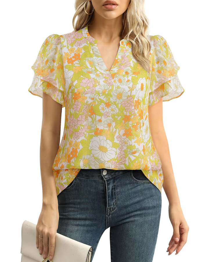 Beverly Elegant Women's Blouse – V-Neck, Petal Sleeves & Double-Layered Chiffon Top