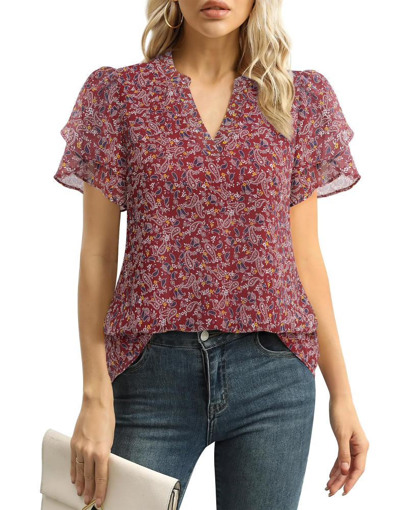 Beverly Elegant Women's Blouse – V-Neck, Petal Sleeves & Double-Layered Chiffon Top