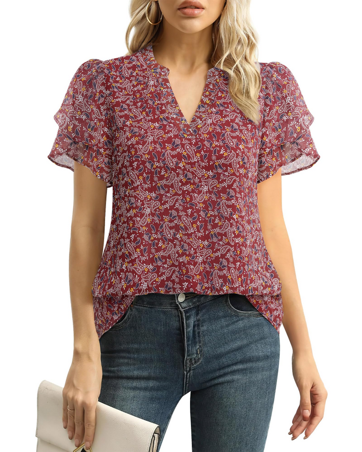Beverly Elegant Women's Blouse – V-Neck, Petal Sleeves & Double-Layered Chiffon Top