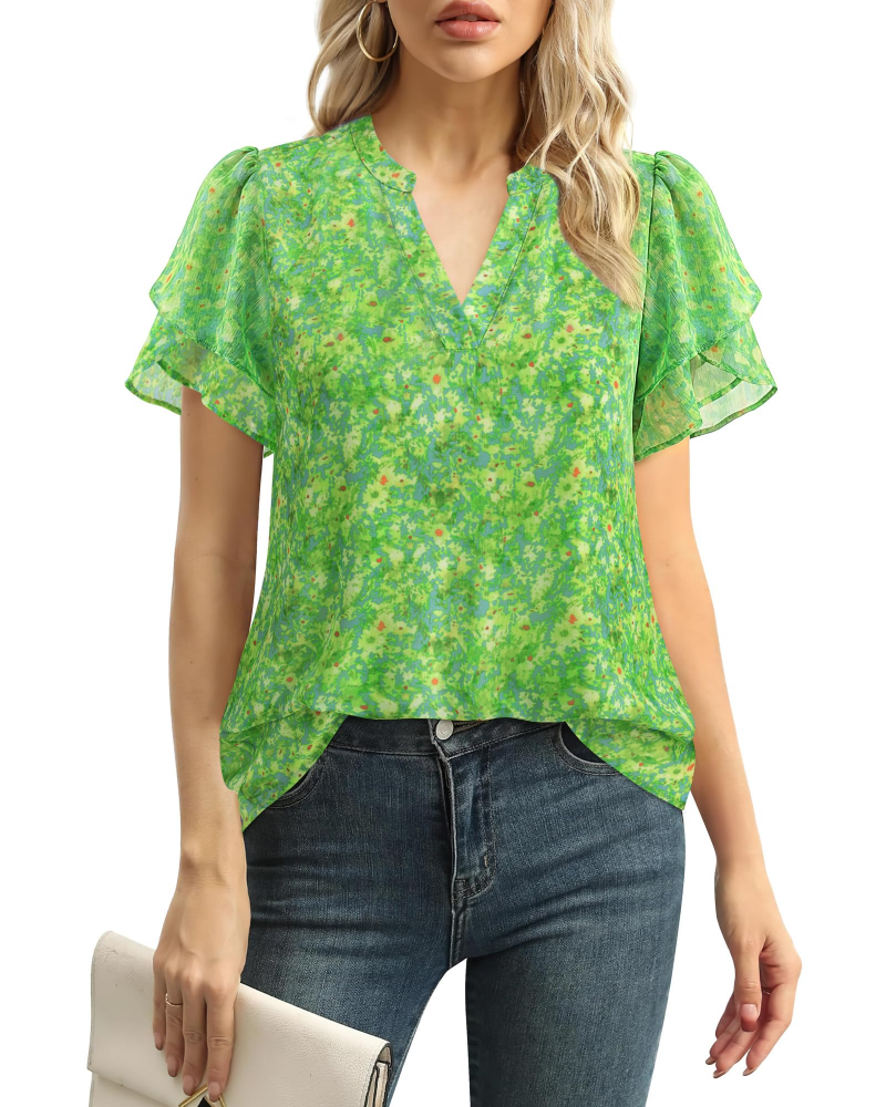 Beverly Elegant Women's Blouse – V-Neck, Petal Sleeves & Double-Layered Chiffon Top