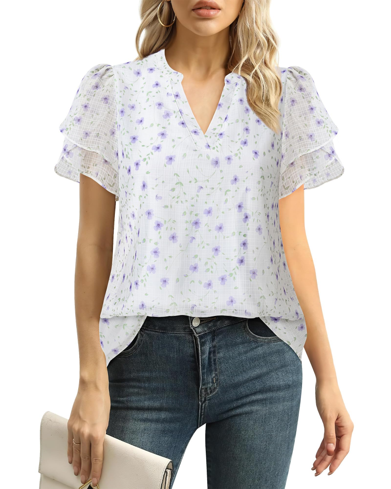 Beverly Elegant Women's Blouse – V-Neck, Petal Sleeves & Double-Layered Chiffon Top