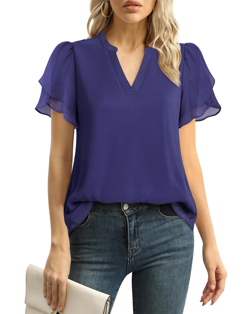 Beverly Elegant Women's Blouse – V-Neck, Petal Sleeves & Double-Layered Chiffon Top