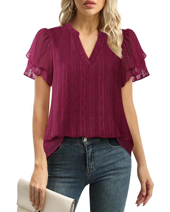 Beverly Elegant Women's Blouse – V-Neck, Petal Sleeves & Double-Layered Chiffon Top