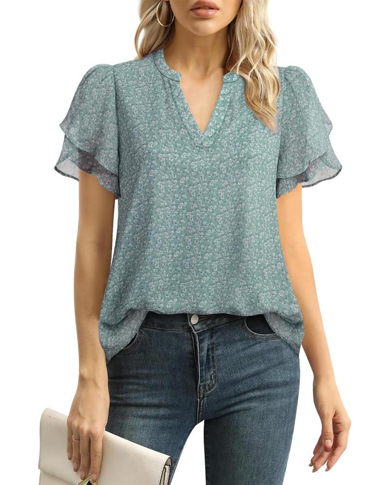 Beverly Elegant Women's Blouse – V-Neck, Petal Sleeves & Double-Layered Chiffon Top