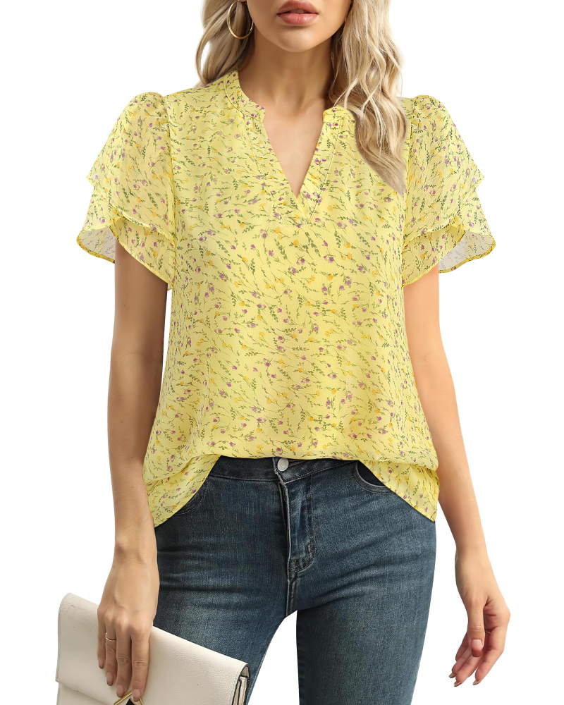 Beverly Elegant Women's Blouse – V-Neck, Petal Sleeves & Double-Layered Chiffon Top
