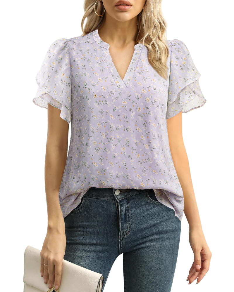 Beverly Elegant Women's Blouse – V-Neck, Petal Sleeves & Double-Layered Chiffon Top