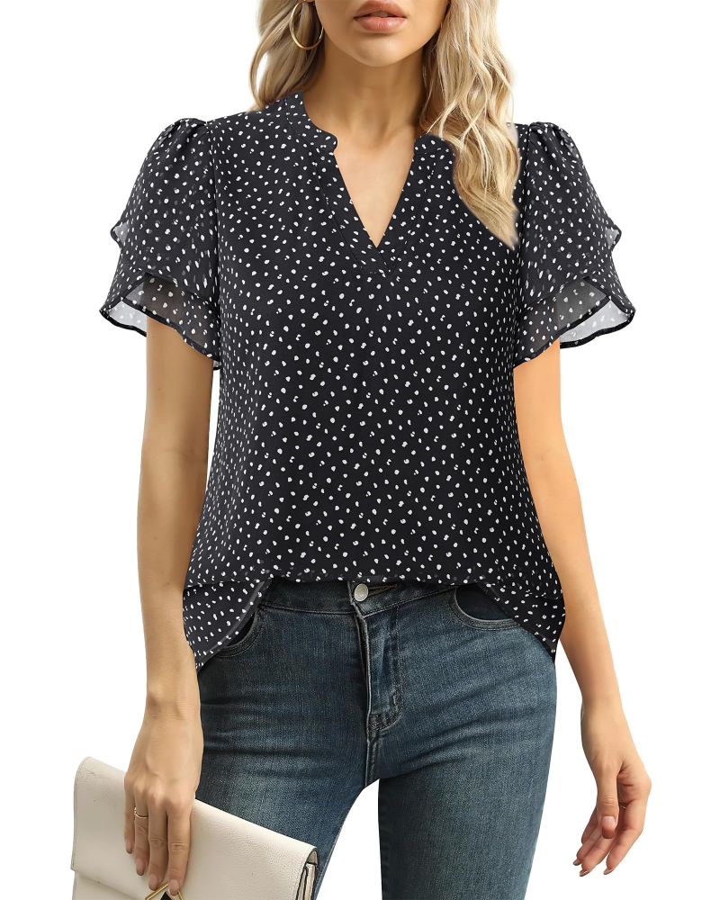Beverly Elegant Women's Blouse – V-Neck, Petal Sleeves & Double-Layered Chiffon Top