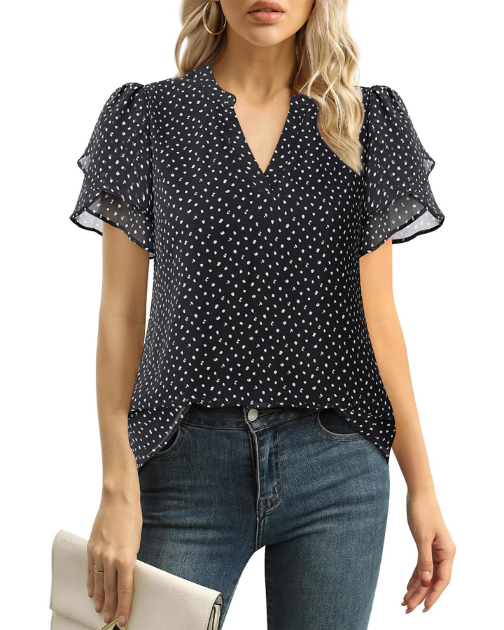 Beverly Elegant Women's Blouse – V-Neck, Petal Sleeves & Double-Layered Chiffon Top