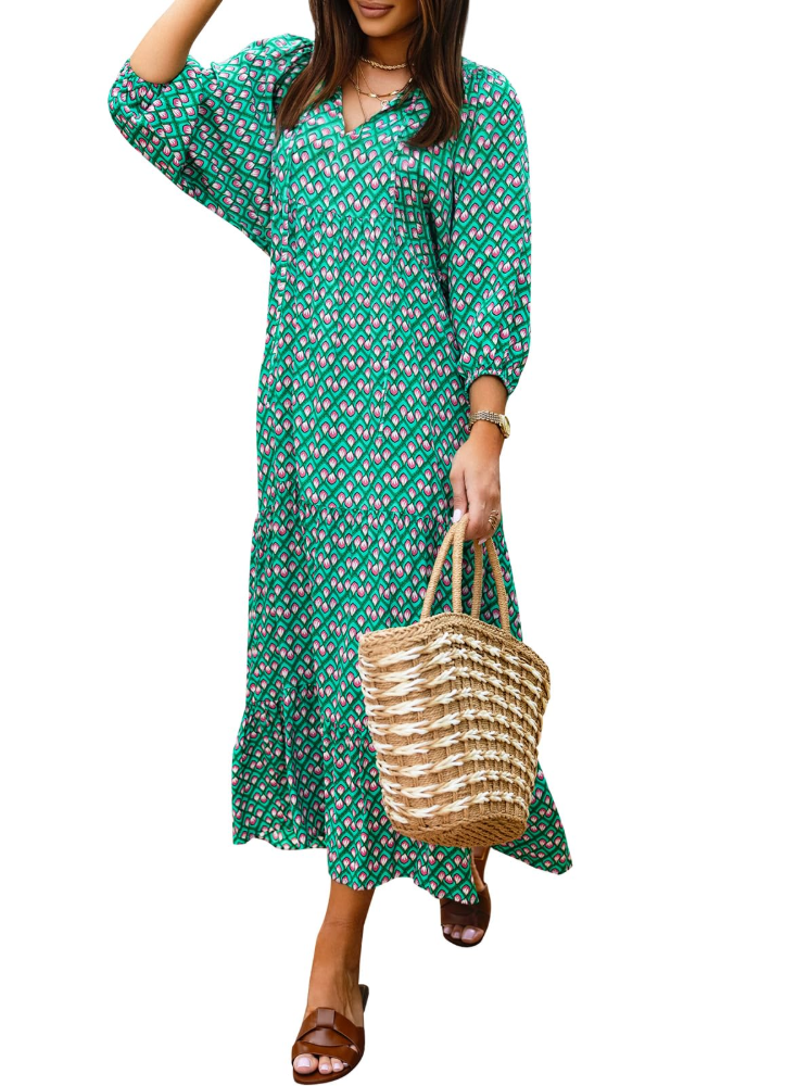 Bianca Vestito Maxi Boho Dámské – Výstřih do V, 3/4 Rukávy a Plynulý Geometrický Vzor