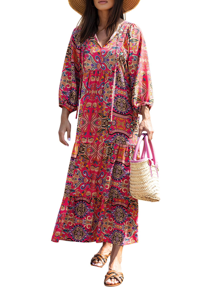 Bianca Vestito Maxi Boho Dámské – Výstřih do V, 3/4 Rukávy a Plynulý Geometrický Vzor