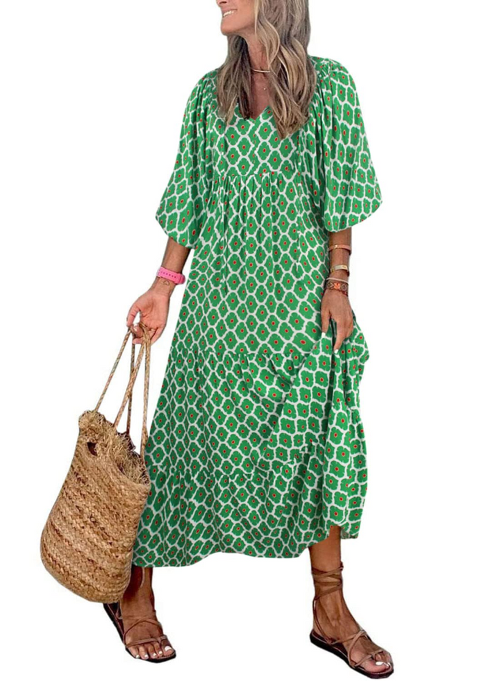Bianca Vestito Maxi Boho Dámské – Výstřih do V, 3/4 Rukávy a Plynulý Geometrický Vzor