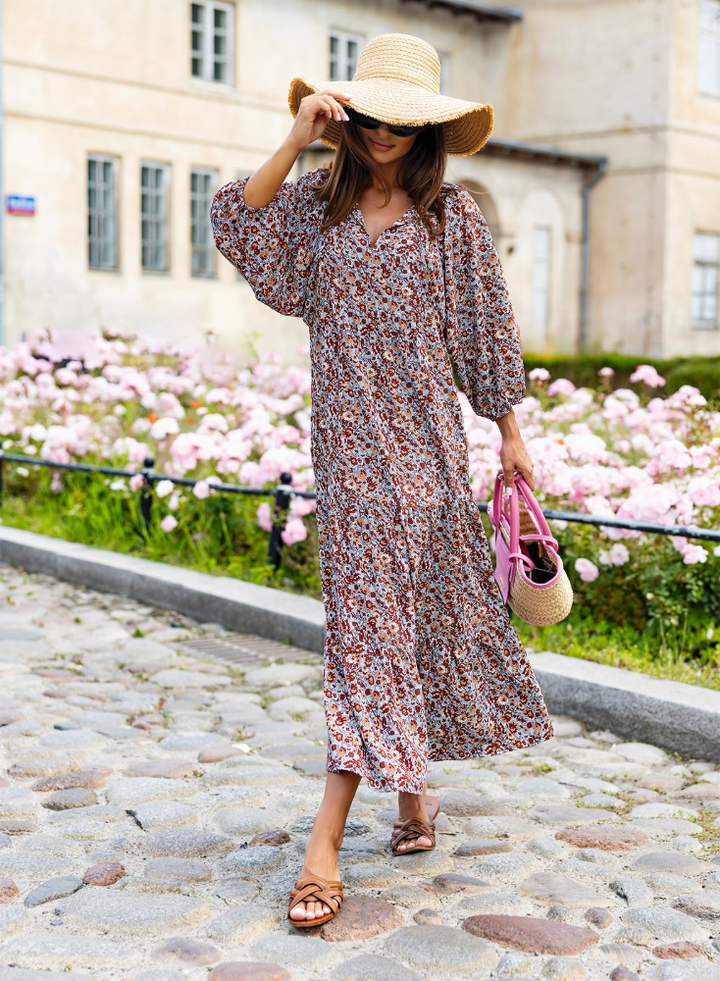 Bianca Vestito Maxi Boho Dámské – Výstřih do V, 3/4 Rukávy a Plynulý Geometrický Vzor