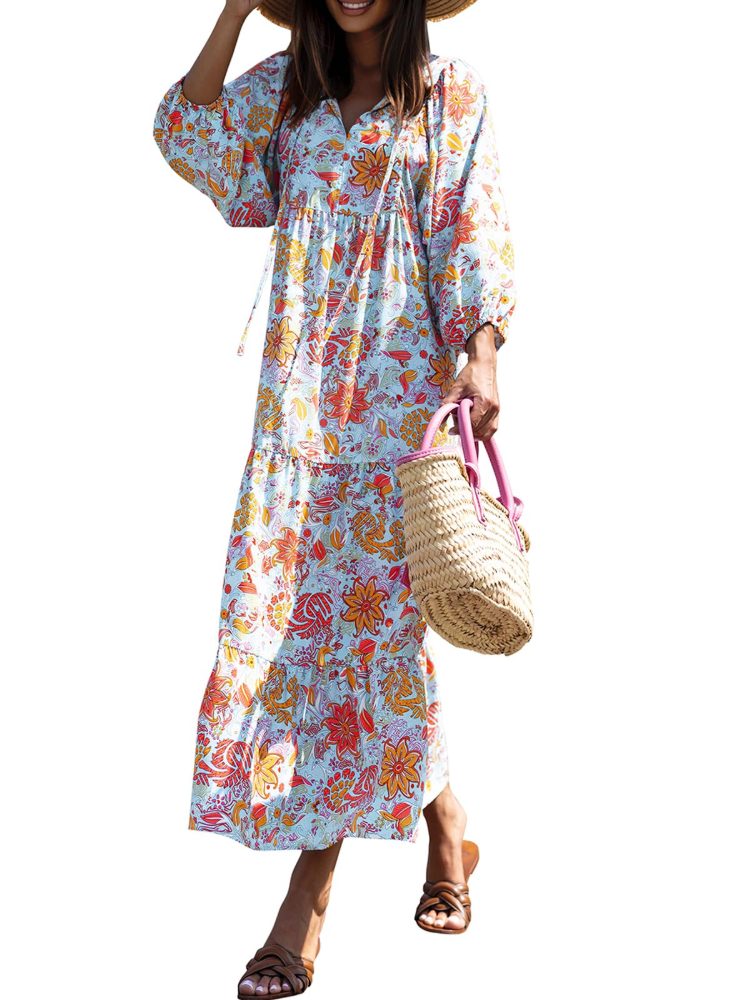 Bianca Vestito Maxi Boho Dámské – Výstřih do V, 3/4 Rukávy a Plynulý Geometrický Vzor