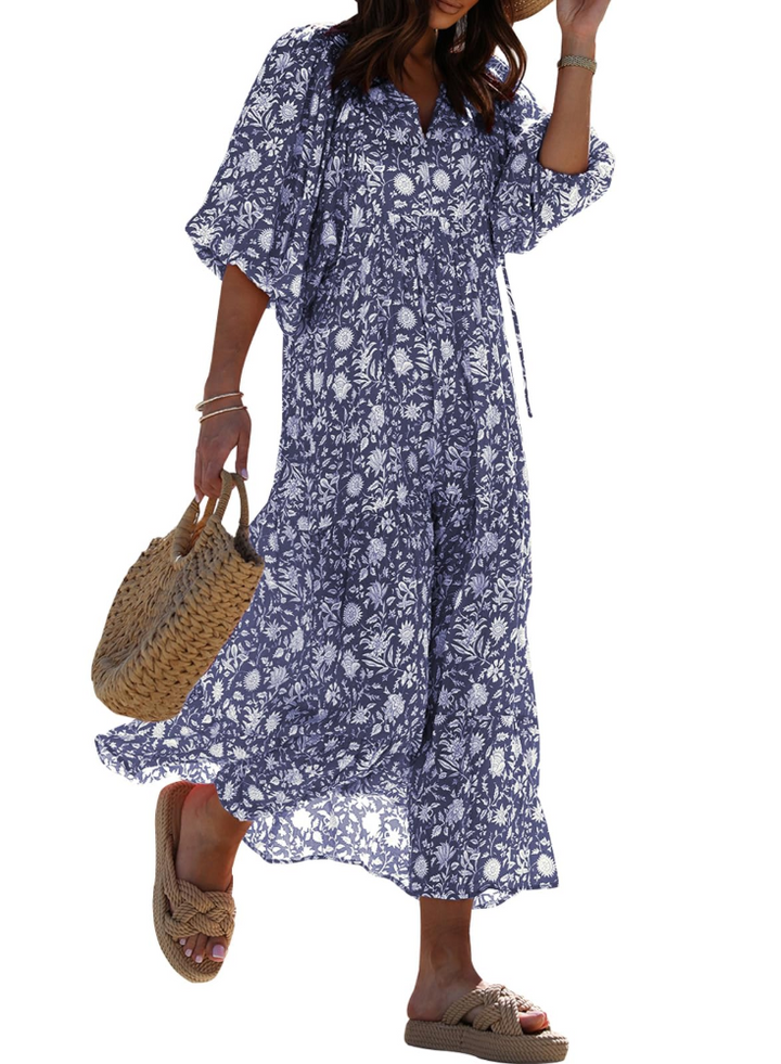 Bianca Vestito Maxi Boho Dámské – Výstřih do V, 3/4 Rukávy a Plynulý Geometrický Vzor