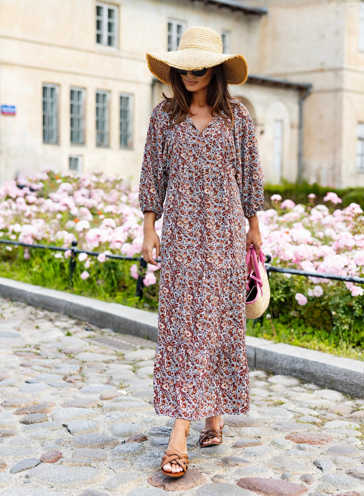 Bianca Vestito Maxi Boho Dámské – Výstřih do V, 3/4 Rukávy a Plynulý Geometrický Vzor