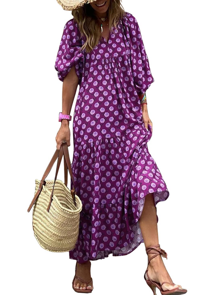 Bianca Vestito Maxi Boho Dámské – Výstřih do V, 3/4 Rukávy a Plynulý Geometrický Vzor