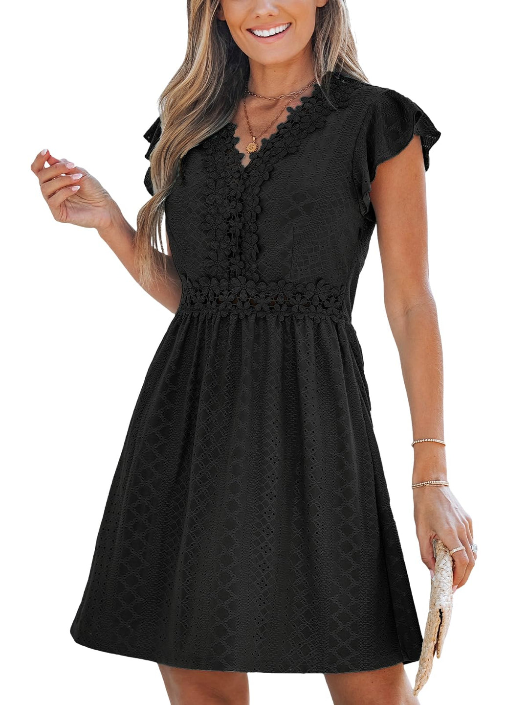 Aria Robe Femme en Dentelle – Col V, Manches Volantes & Mini Élégante d'Été