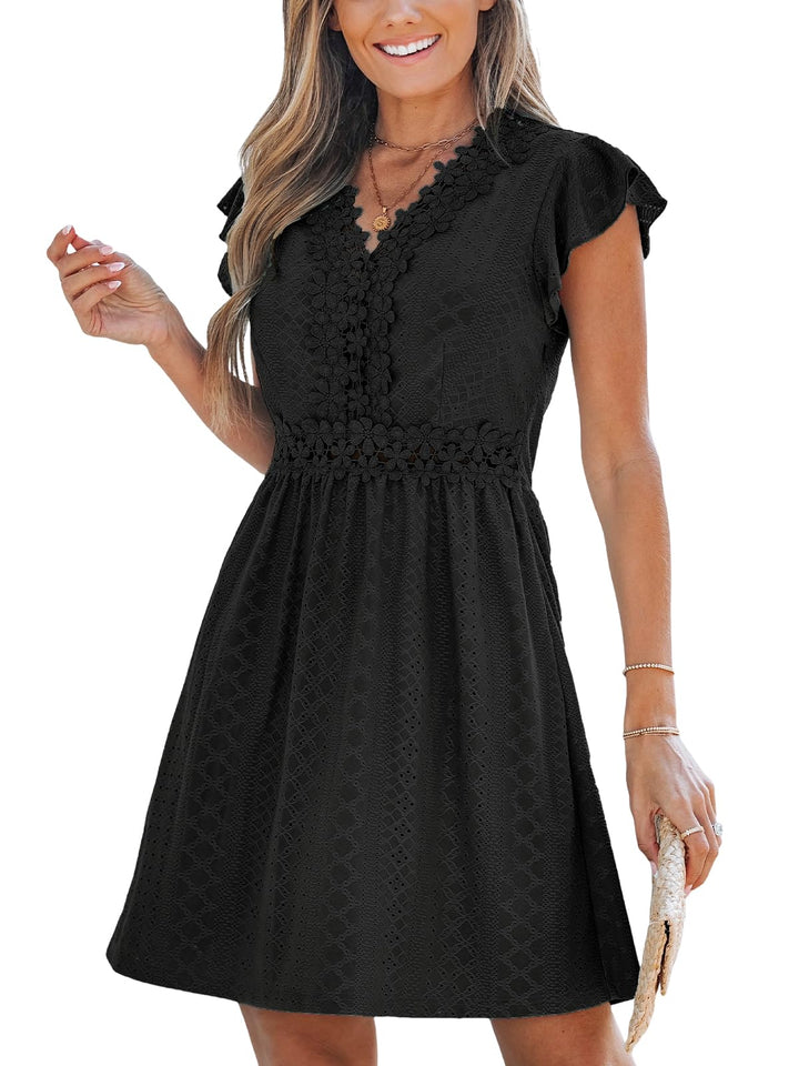 Aria Robe Femme en Dentelle – Col V, Manches Volantes & Mini Élégante d'Été