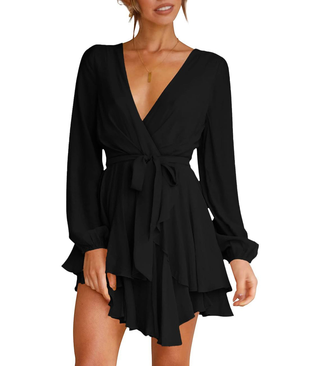 Brinley Vestido Mujer Cruzado – Escote en V Profundo, Volantes y Cintura Alta Elegante