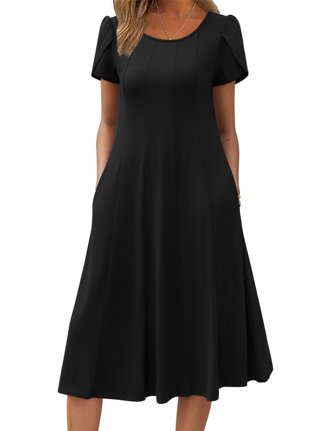 Vestido Midi Belle para Mujer – Cuello Redondo, Mangas Abullonadas y Bolsillos, Línea A Elegante