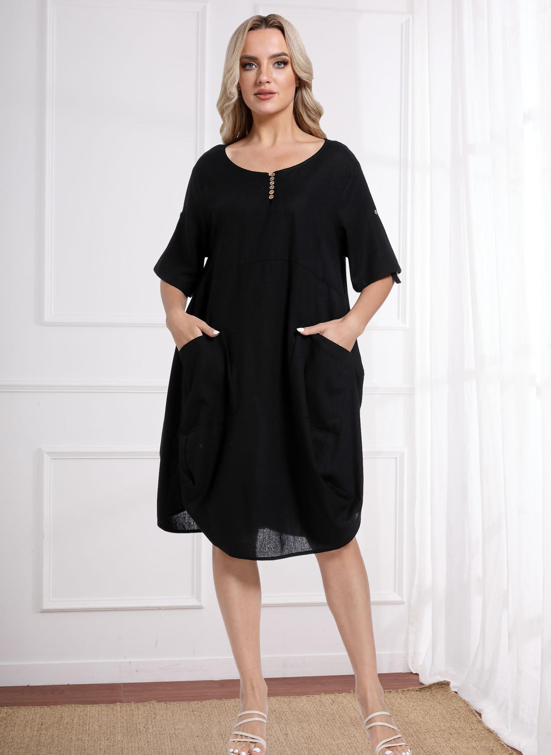 Wisteria Vestido Túnica Mujer – Lino Algodón, Mangas Cortas y Bolsillos Boho Oversize