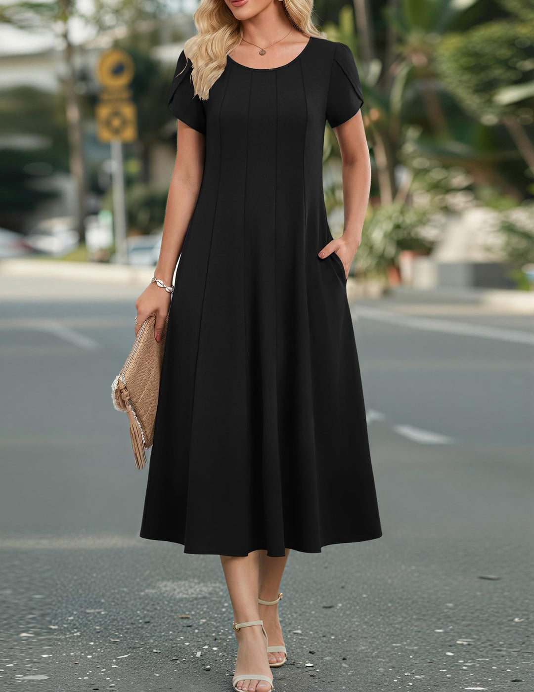 Vestido Midi Belle para Mujer – Cuello Redondo, Mangas Abullonadas y Bolsillos, Línea A Elegante