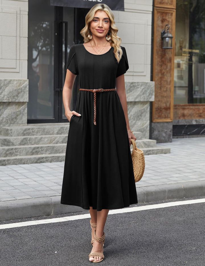 Vestido Midi Belle para Mujer – Cuello Redondo, Mangas Abullonadas y Bolsillos, Línea A Elegante