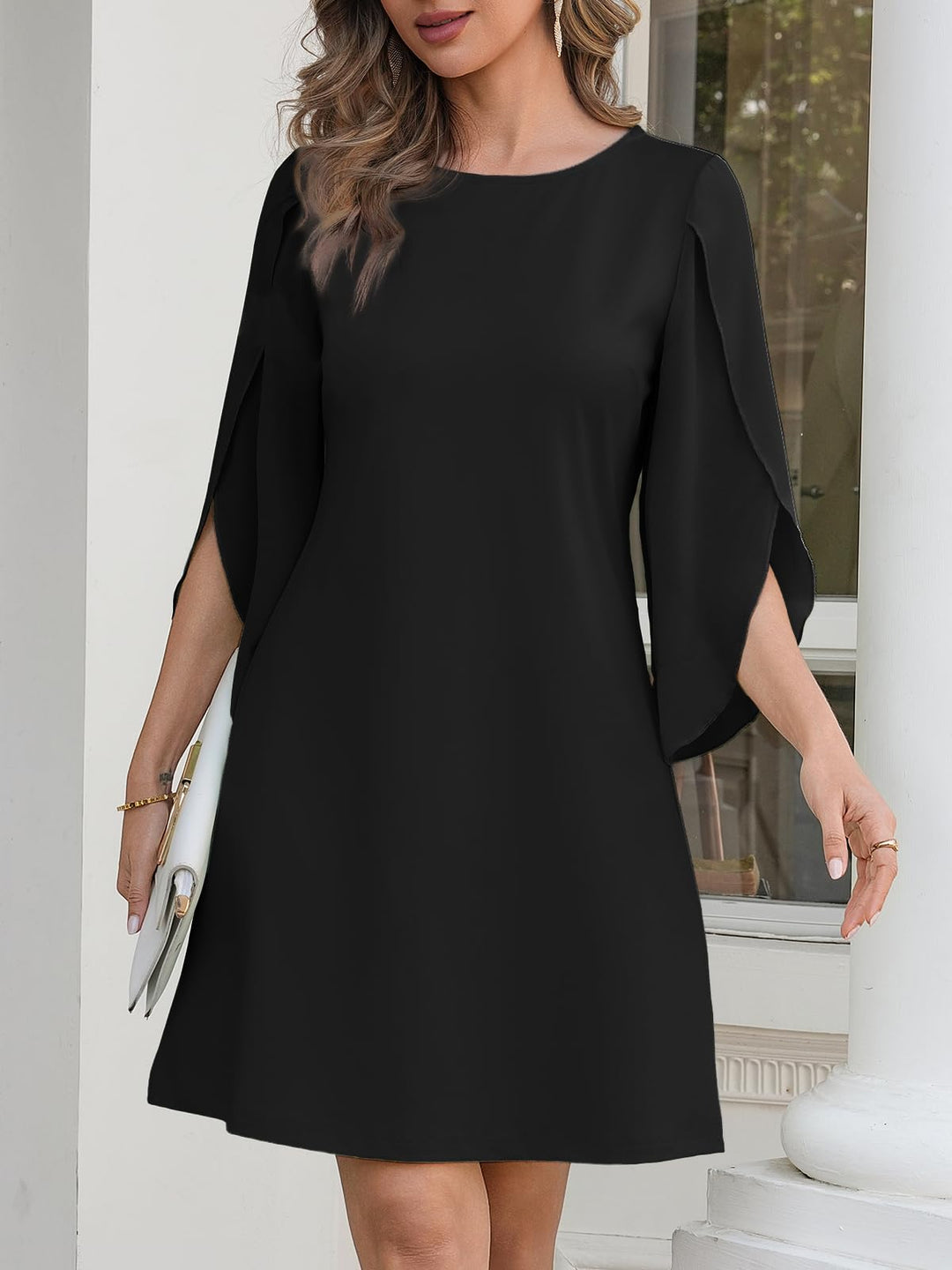 Vestido Elegante Marino para Mujer – Cuello Redondo, Mangas 3/4 de Chifón y Largo hasta la Rodilla