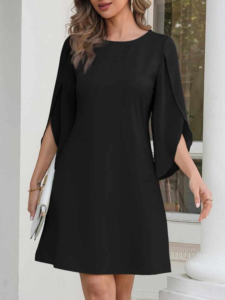 Vestido Elegante Marino para Mujer – Cuello Redondo, Mangas 3/4 de Chifón y Largo hasta la Rodilla