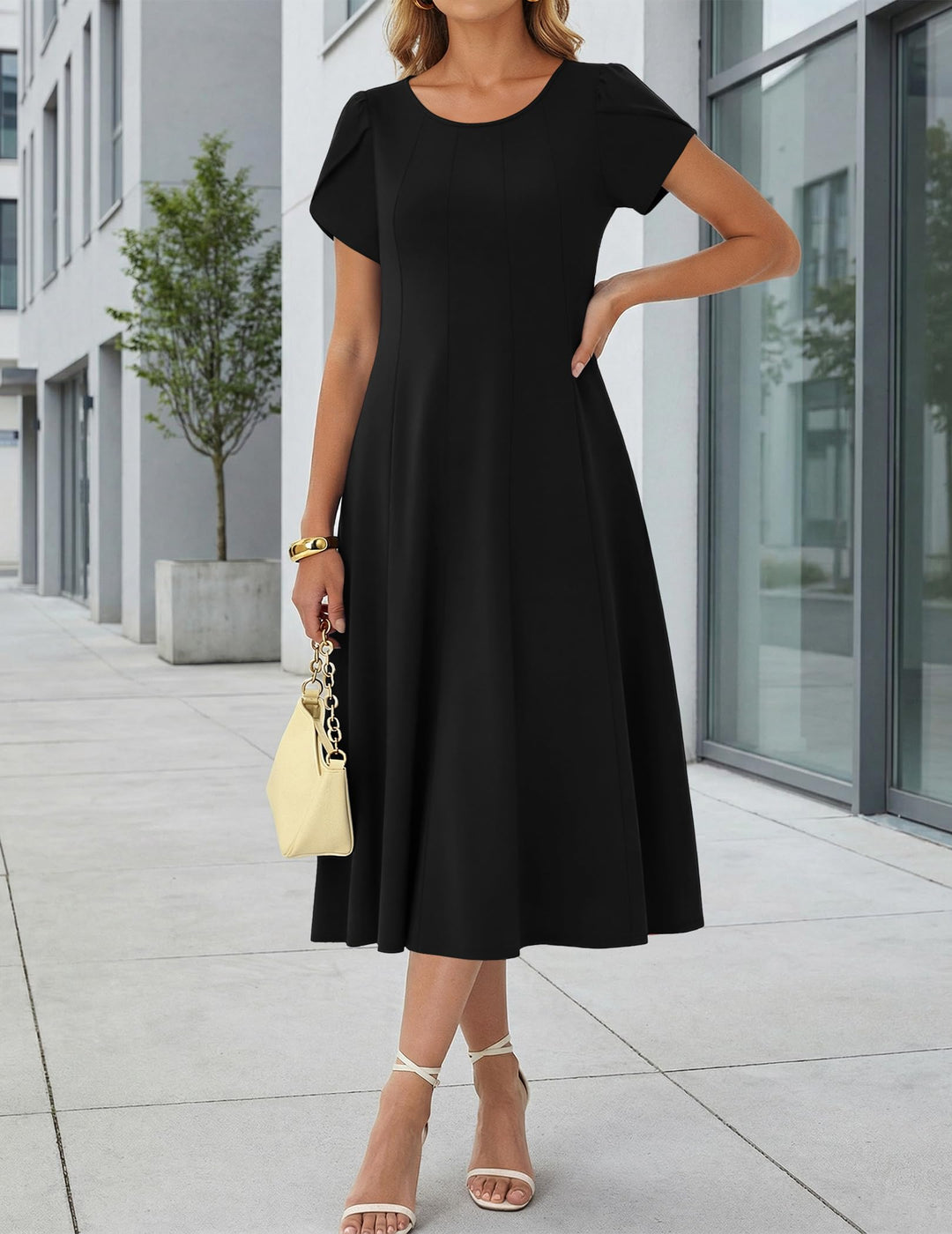 Vestido Midi Belle para Mujer – Cuello Redondo, Mangas Abullonadas y Bolsillos, Línea A Elegante