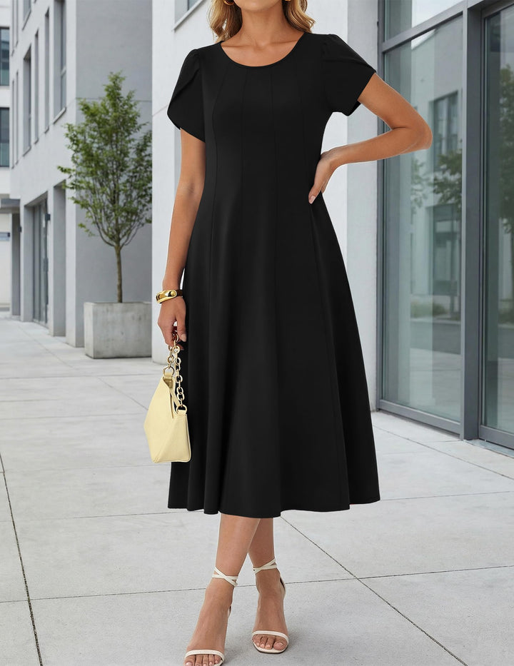 Vestido Midi Belle para Mujer – Cuello Redondo, Mangas Abullonadas y Bolsillos, Línea A Elegante
