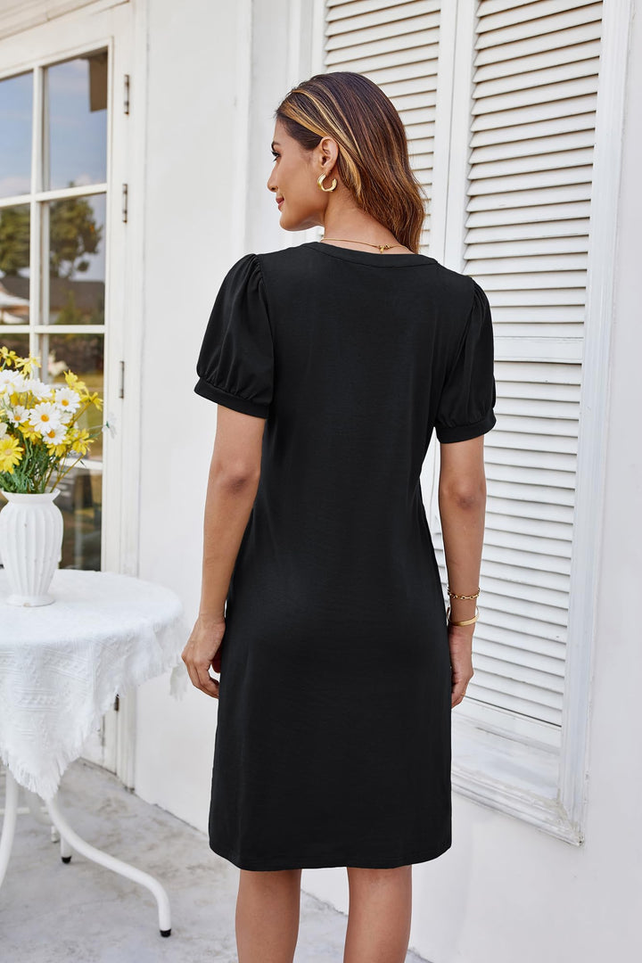 Giada Vestito Midi Donna – Scollo Henley a V, Maniche Corte & A-Line con Tasche
