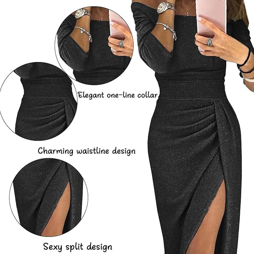 Billie Elegantné Dámske Šaty – Jednoramenné s Trblietkami, Rozparkom a Prekríženým Dizajnom Slim Fit