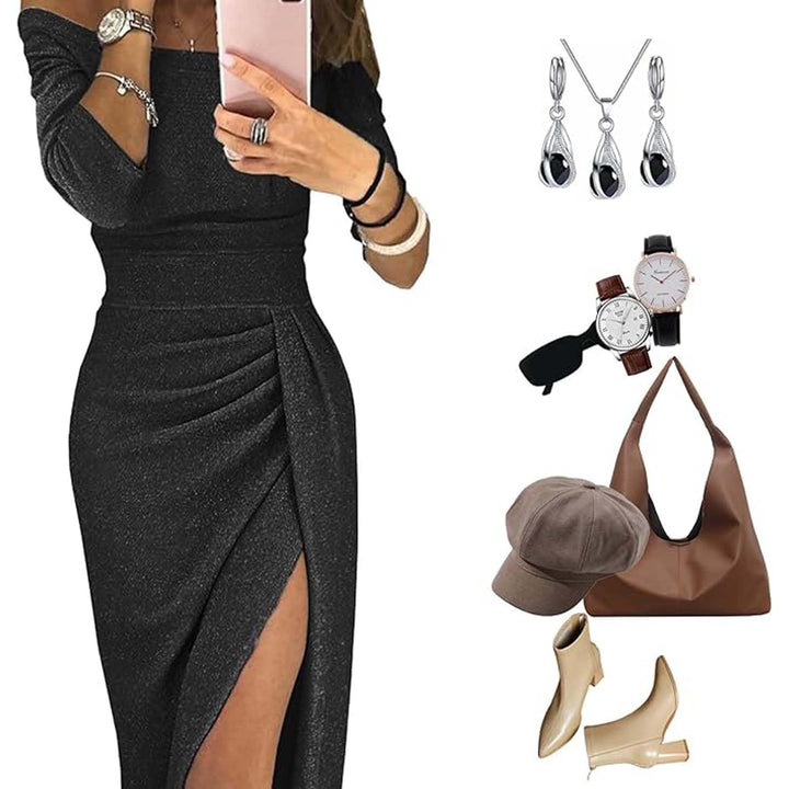 Billie Elegantné Dámske Šaty – Jednoramenné s Trblietkami, Rozparkom a Prekríženým Dizajnom Slim Fit