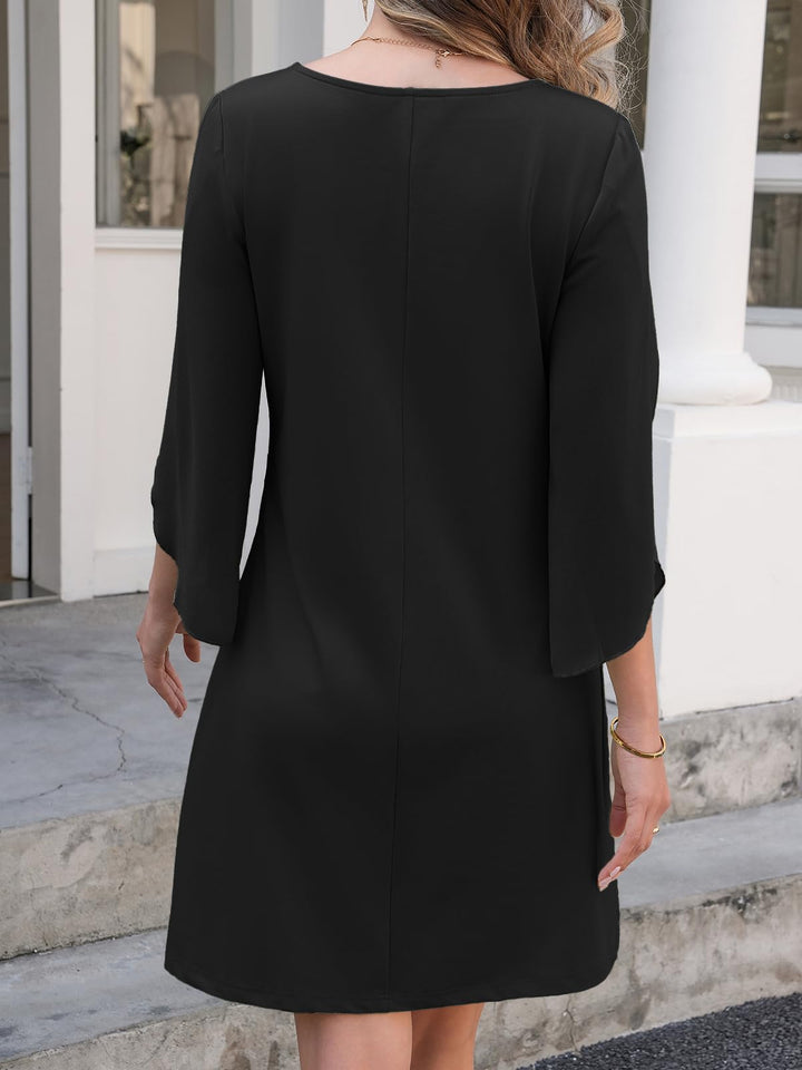 Vestido Elegante Marino para Mujer – Cuello Redondo, Mangas 3/4 de Chifón y Largo hasta la Rodilla