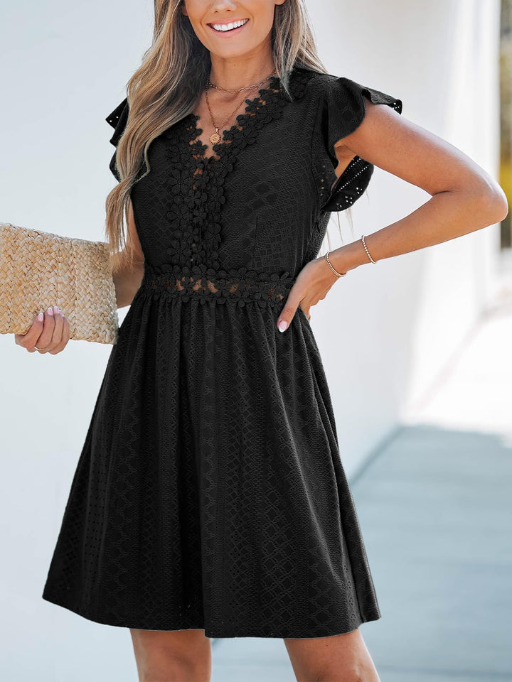 Aria Robe Femme en Dentelle – Col V, Manches Volantes & Mini Élégante d'Été