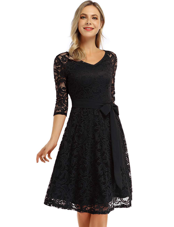 Rose Elegant Lace Dress for Women – V-Neck, Knee-Length & Vintage Style