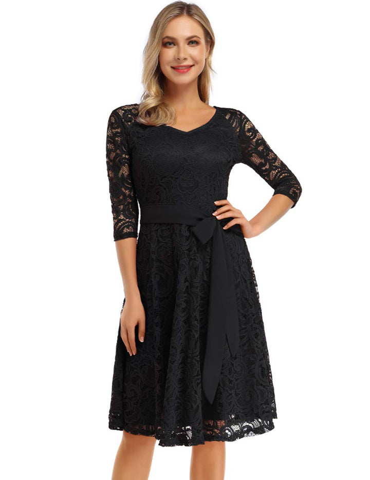 Rose Elegant Lace Dress for Women – V-Neck, Knee-Length & Vintage Style