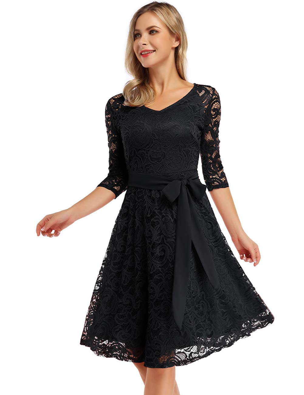 Rose Elegant Lace Dress for Women – V-Neck, Knee-Length & Vintage Style