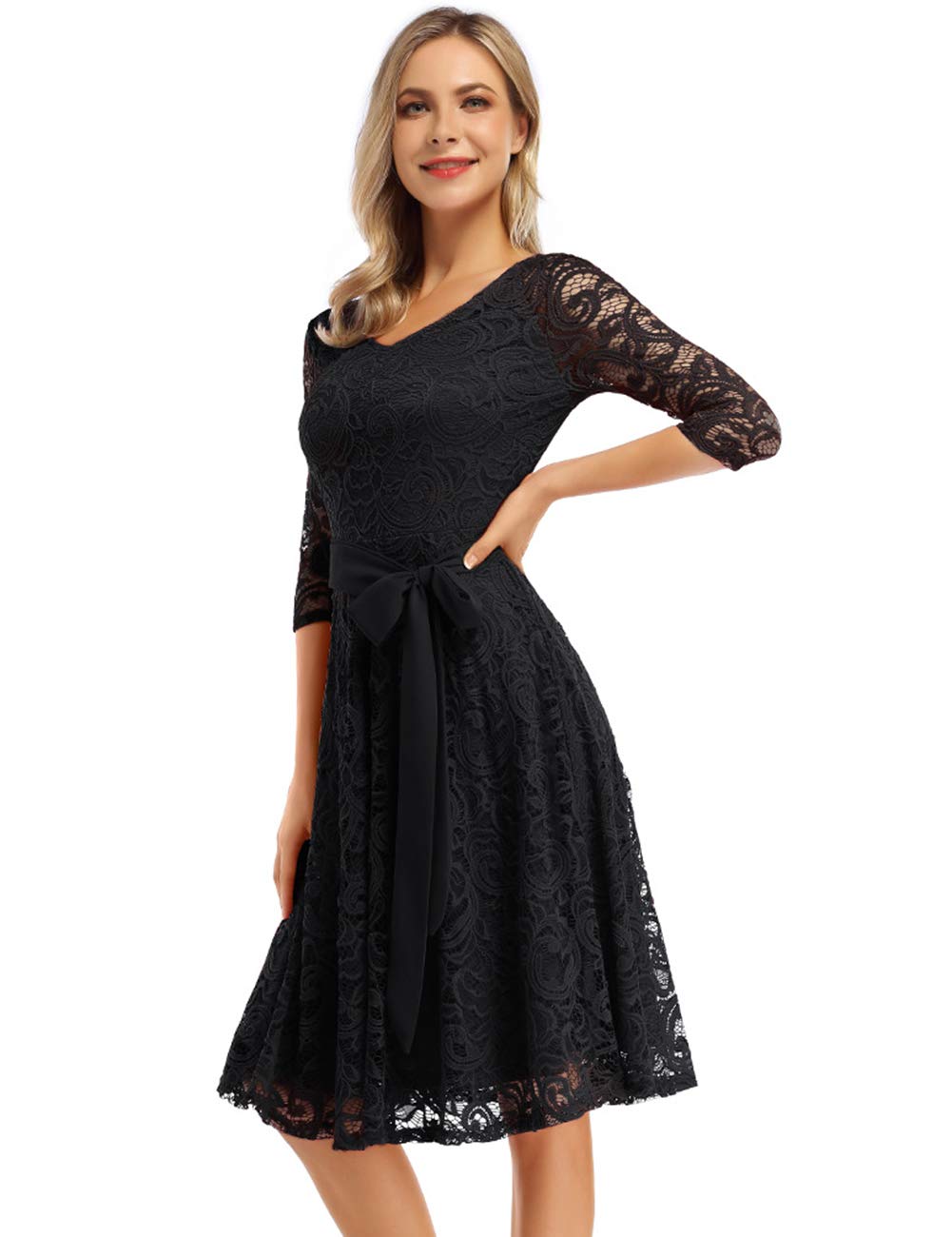 Rose Elegant Lace Dress for Women – V-Neck, Knee-Length & Vintage Style